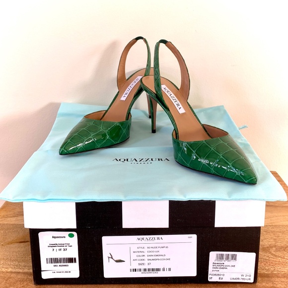 Aquazzura So Nude Pump 85 Croc-Effect Emerald green Slingback Leather Pu… - Picture 16 of 16